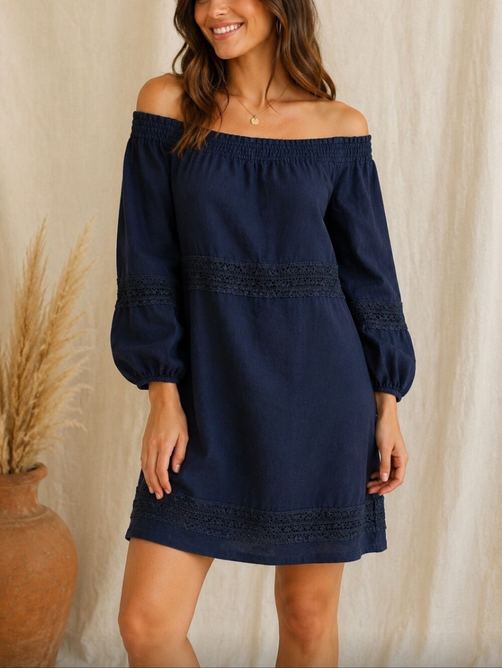J.Jill Love Linen 100% Dress Navy Blue Off the Shoulder Knee Length Dress